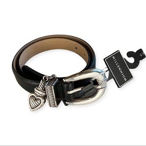 Millennium Genuine Leather Black Belt with Silver Hardware and Heart Dangle, Y2K